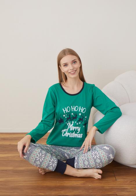 Pijama Dama Craciun " HO HO HO" ,maneca lunga ,pantaloni lungi,Engros